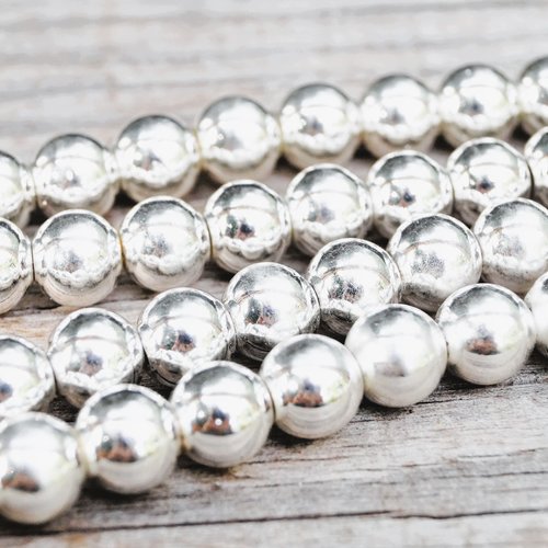 Perles rondes hématite argenté brillant, diamètre 10 mm