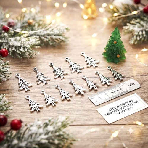 Lot de 10 pendentifs sapin de noël en métal argenté 26,5*14 mm