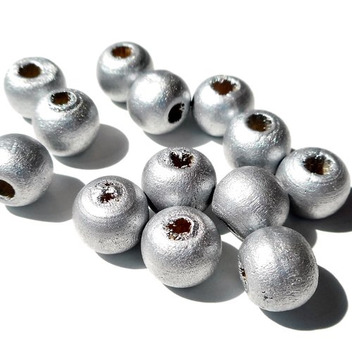 20 perles rondes en bois argentées 10-9 mm