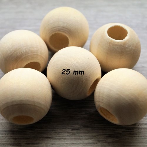 5 perles en bois naturel rondes 25 mm