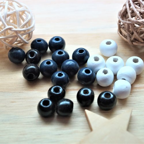 Perles rondes en bois blanches, noires ou bleu marine 10-9 mm par 20