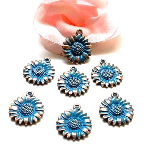 Breloques tournesols couleur patine bleu 19,5 x 17 mm par 5