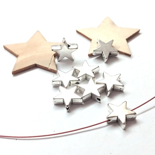 Perles étoiles 11mm en métal argenté par lot de 10