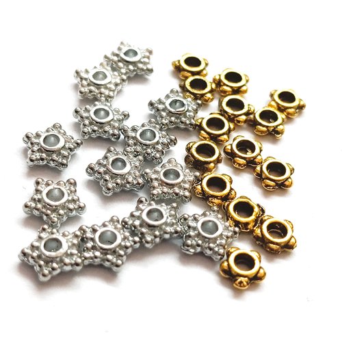 Perles etoiles 5 branches en métal argenté et doré 6mm par 25