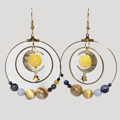 Boucle d'oreilles créoles système solaire avec le soleil et la lune