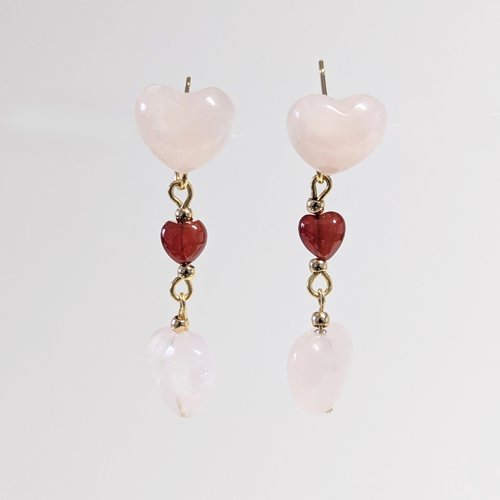 Boucles d'oreilles quartz rose et agate rouges en forme de coeur pour la saint-valentin