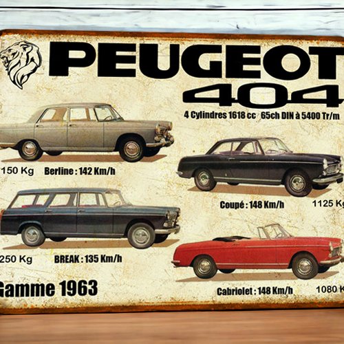 Plaque métal vintage peugeot 404 gamme