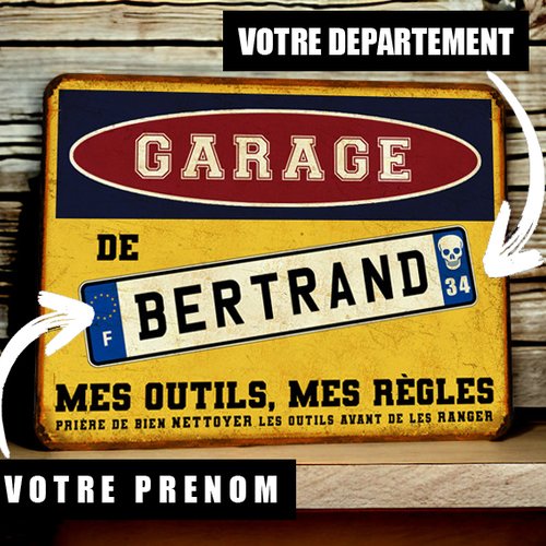 Plaque métal vintage personnalisée garage (ajoutez votre prénom et n° de département)