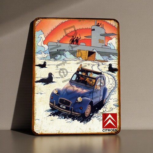 Plaque métal vintage tintin citroën 2cv sous marin