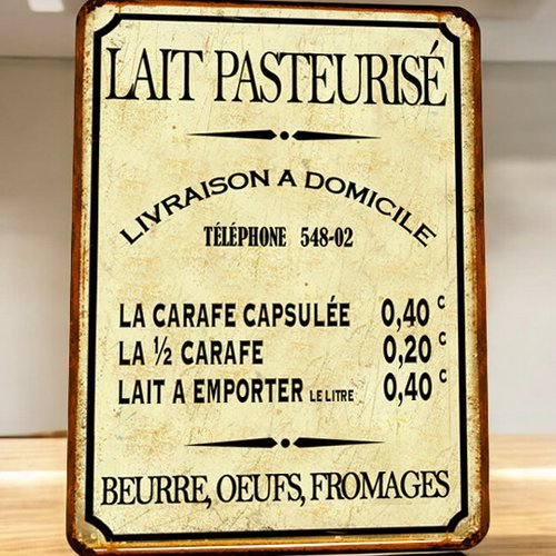 Plaque métal vintage lait pasteurisé