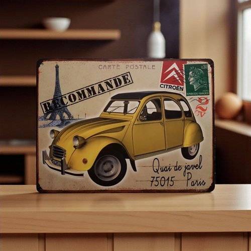 Plaque métal vintage citroën 2cv jaune