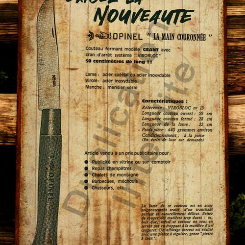 Plaque métal vintage couteaux opinel