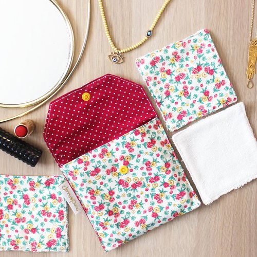 Lot de lingettes démaquillantes lavables en tissu libery et éponge de bambou, zéro déchet,
