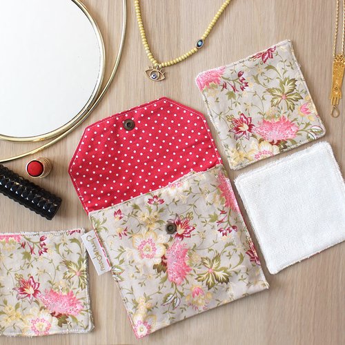 Lot de lingettes démaquillantes lavables en tissu libery et éponge de bambou, zéro déchet,