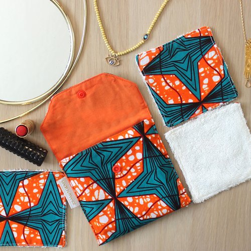 Lot de lingettes démaquillantes lavables en tissu wax et éponge de bambou, zéro déchet,