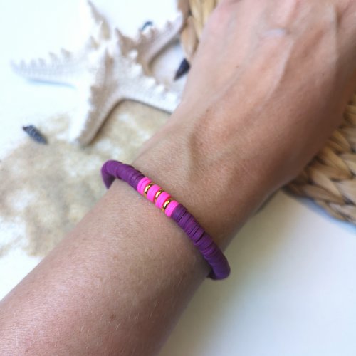 Bracelet heishi violet fonce-rose fluo et dore