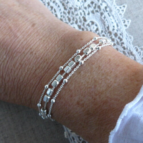 Bracelet argent massif, bracelet trois rangs, perles carrées,