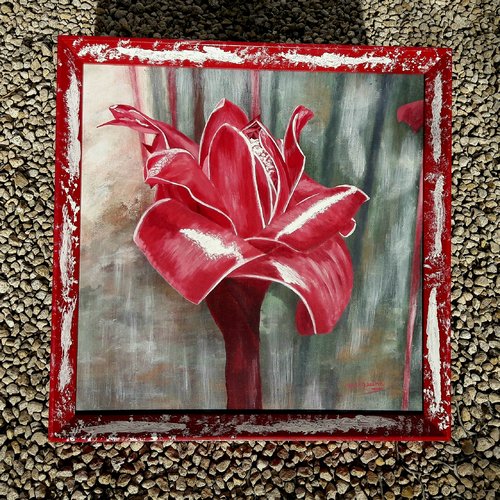 Tableau peinture acrylique fleur avec cadre peint