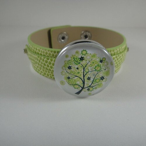 Bracelet réglable en cuir vert olive avec maxi bouton pression interchangeable chunk de 30mm représentant un arbre de vie 