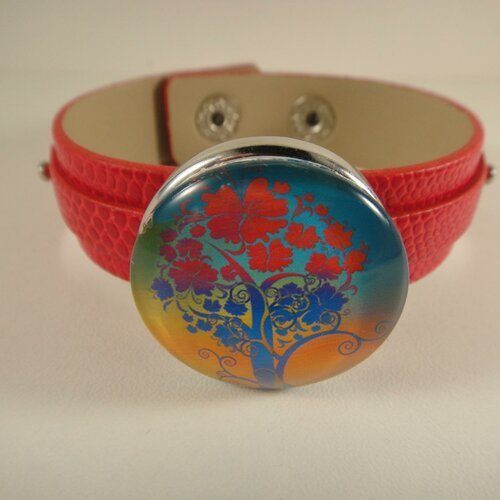 Bracelet réglable en cuir rouge avec maxi bouton pression interchangeable chunk de 30mm représentant un arbre de vie 