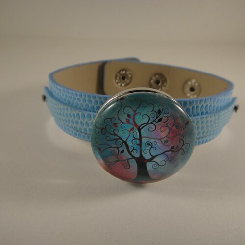 Bracelet réglable en cuir bleu avec maxi bouton pression interchangeable chunk de 30mm représentant un arbre de vie 