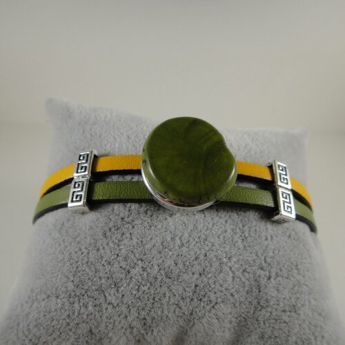 Top qualité: bracelet en cuir véritable 2 brins jaune et vert olive avec bouton pression interchangeable de 20mm en graine de chicon