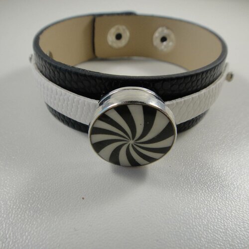 Bracelet réglable en cuir noir et languette blanche pour bouton pression interchangeable chunk 