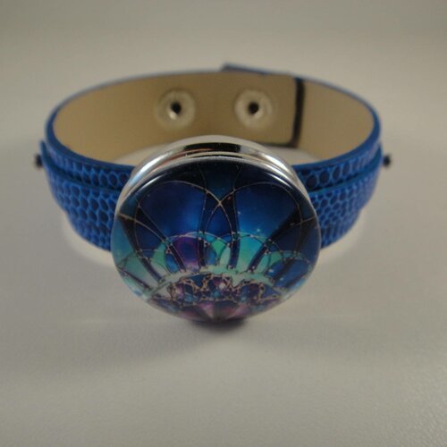 Bracelet réglable en cuir bleu  pour maxi bouton pression interchangeable chunk de 30mm 
