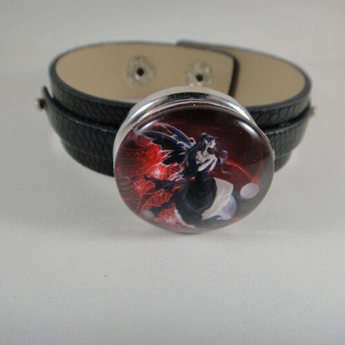 Bracelet réglable en cuir noir avec maxi bouton pression interchangeable chunk de 30mm gothique 