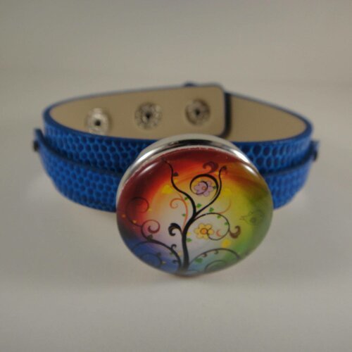 Bracelet réglable en cuir bleu avec maxi bouton pression interchangeable chunk de 30mm représentant un arbre de vie 