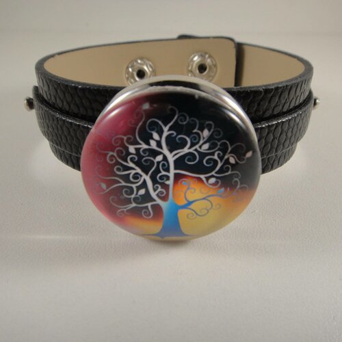 Bracelet réglable en cuir noir avec maxi bouton pression interchangeable chunk de 30mm représentant un arbre de vie 