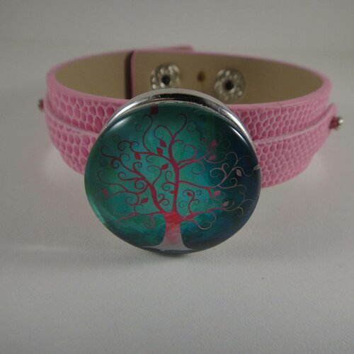 Bracelet réglable en cuir rose avec maxi bouton pression interchangeable chunk de 30mm représentant un arbre de vie 