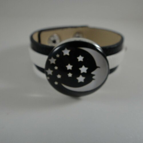 Bracelet réglable en cuir noir et blanc  avec maxi bouton pression interchangeable chunk de 30mm 
