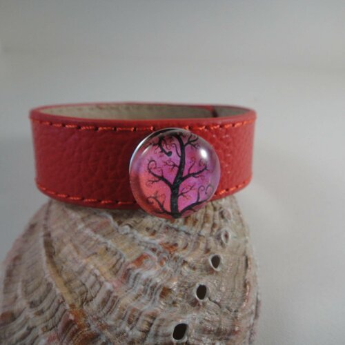 Bracelet cuir avec cabochon pression chunk en verre représentant un arbre de vie 