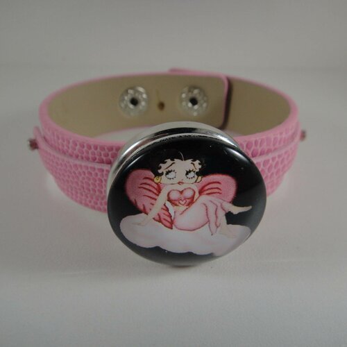 Bracelet réglable en cuir rose avec maxi bouton pression interchangeable chunk de 30mm betty boop 