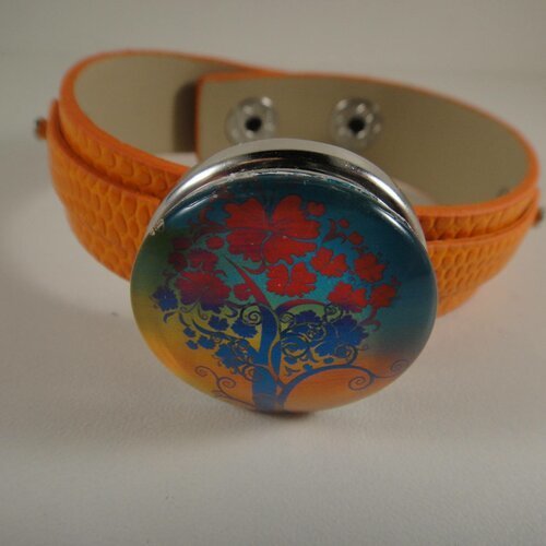 Bracelet réglable en cuir orange avec maxi bouton pression interchangeable chunk de 30mm représentant un arbre de vie 