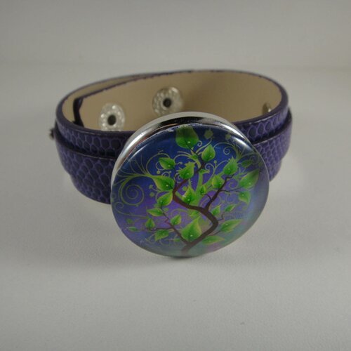 Bracelet réglable en cuir violet avec maxi bouton pression interchangeable chunk de 30mm représentant un arbre de vie 