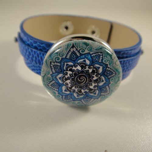 Bracelet réglable en cuir bleu  pour maxi bouton pression interchangeable chunk de 30mm 