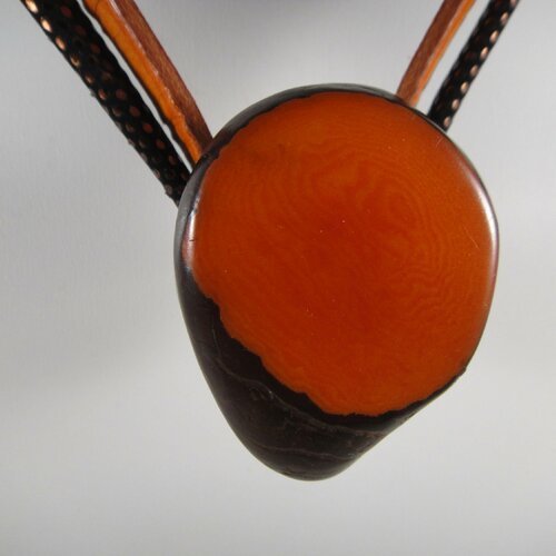 Collier en cuir véritable orange et simili paillettes orange pour bouton pression de 30mm en ivoire végétal