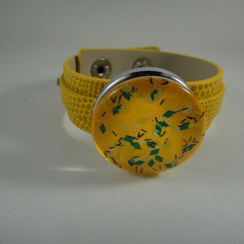 Bracelet réglable en cuir jaune avec maxi bouton pression interchangeable chunk de 30mm 
