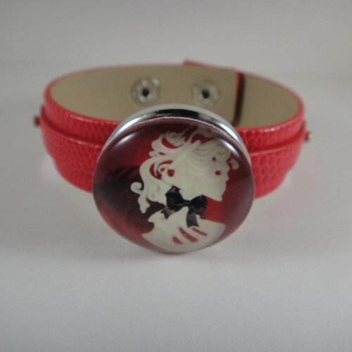 Bracelet réglable en cuir rouge avec maxi bouton pression interchangeable chunk de 30mm gothique 