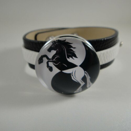 Bracelet réglable en cuir noir et blanc  avec maxi bouton pression interchangeable chunk de 30mm 