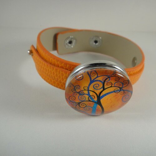 Bracelet réglable en cuir orange avec maxi bouton pression interchangeable chunk de 30mm représentant un arbre de vie 