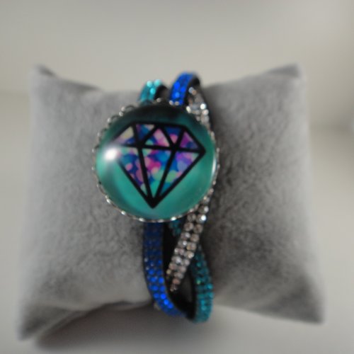 Bracelet en velours cuir avec strass multicolores avec cabochon 25mm