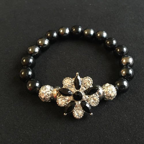 Bracelet mode élastique véritables perles hématite noires perles argentées avec bande de strass cristal etc
