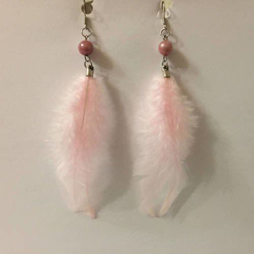Boucles d'oreilles romantiques plumes perles roses supports argentés