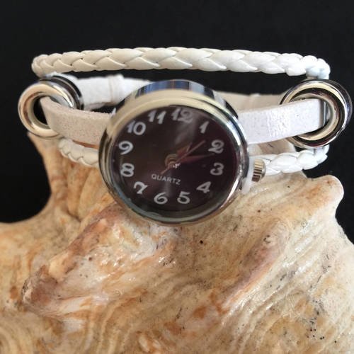 Bracelet-montre mode règlable cuir blanc 3 rangs perles bouton pression 5,5 mm montre gris noir