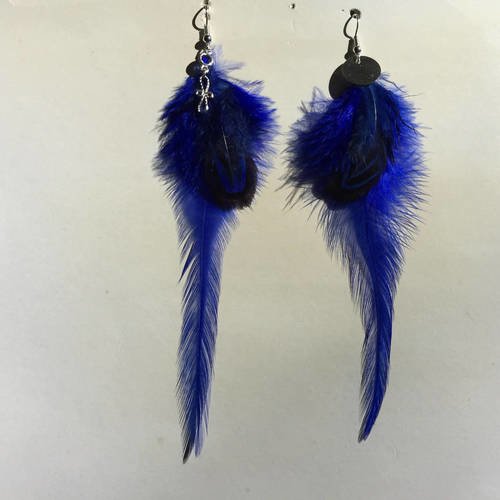 Boucles d'oreilles plumes bleues et noires supports argentés
