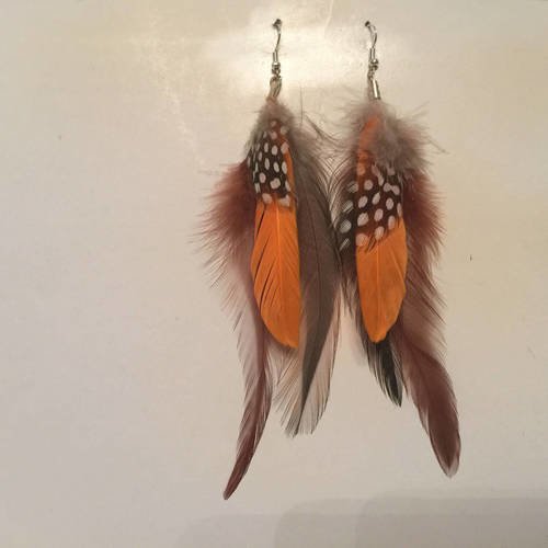 Boucles d'oreille éthniques plumes marron orange gris supports argentés 16 cm