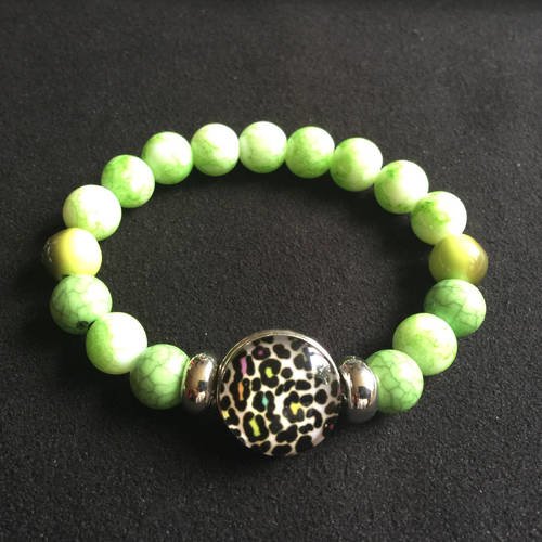 Bracelet mode élastique belles perles vertes rainurées noir bijou bouton pression verre 5,5 mm